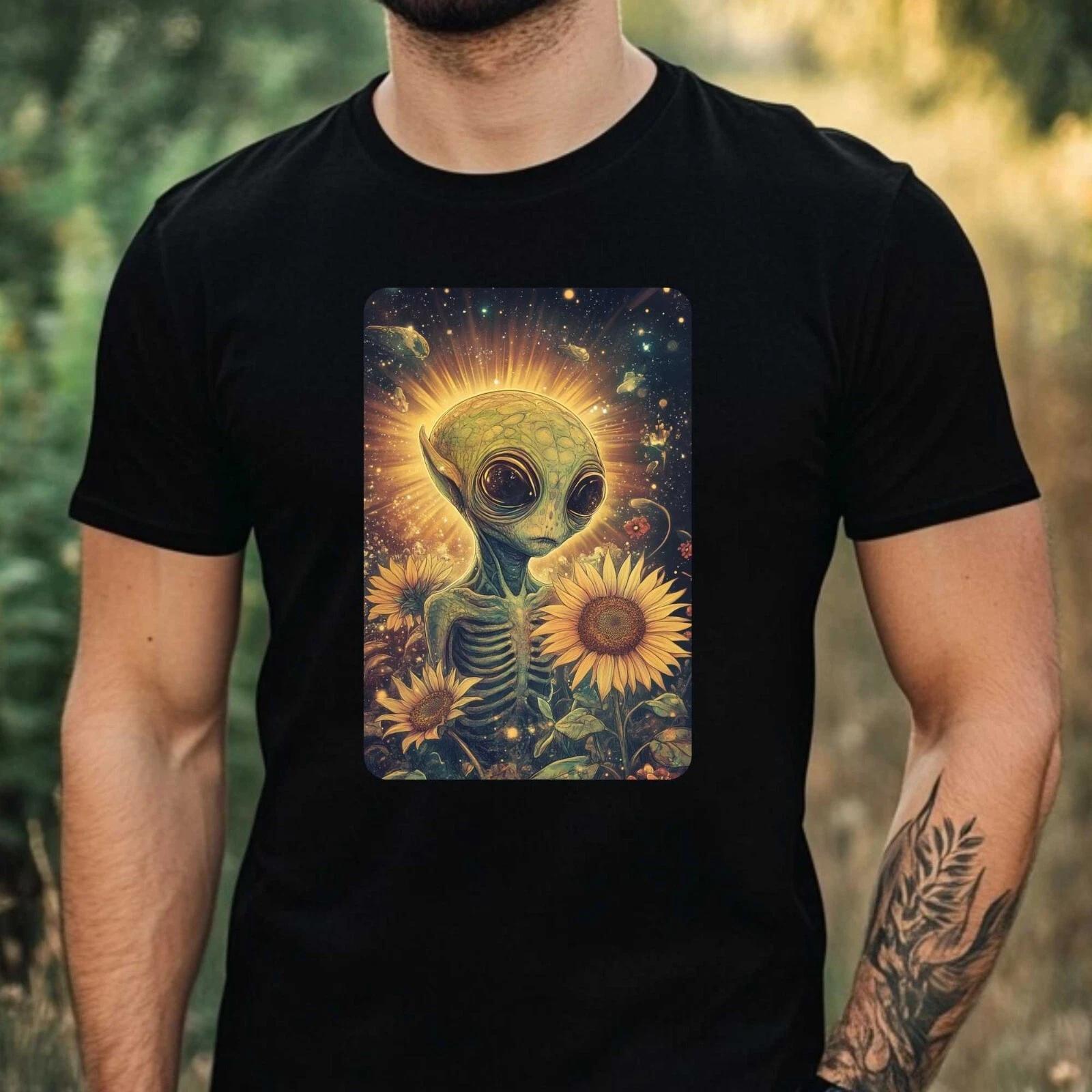 T-Shirt Herren Alien mit Sonnenblume Motiv Baumwolle Größe XS bis 5XL L