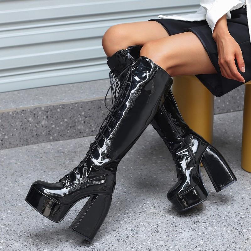 Sexy Lace Up Platform Long Boots Women Thick Gothic Heels High Knee Boot Winter Red Black Green Fetish Party Shoes Large Size 48