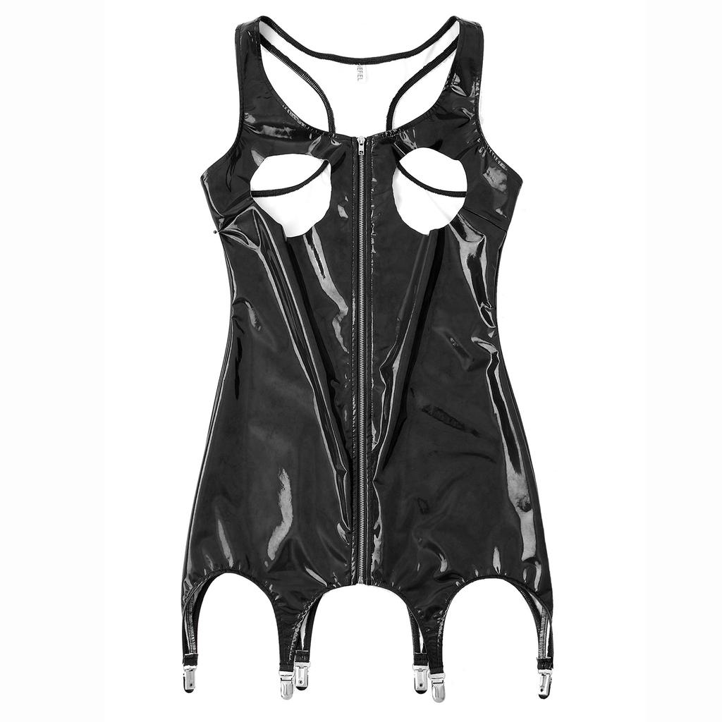Womens Lingerie Mini Dresses with Garter Clips Patent Leather Wet Look Clubwear Zipper Hollow Out Bodycon Dress
