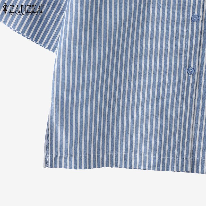 ZANZEA Women Casual Turn Down Collar Loose 3/4 Sleeve Stripe Blouse