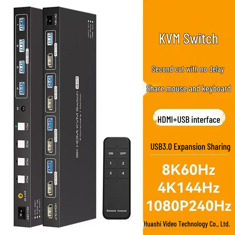 8K HDMI/DP KVM Switch 4x1 - Mouse & Keyboard Control for Four Computers