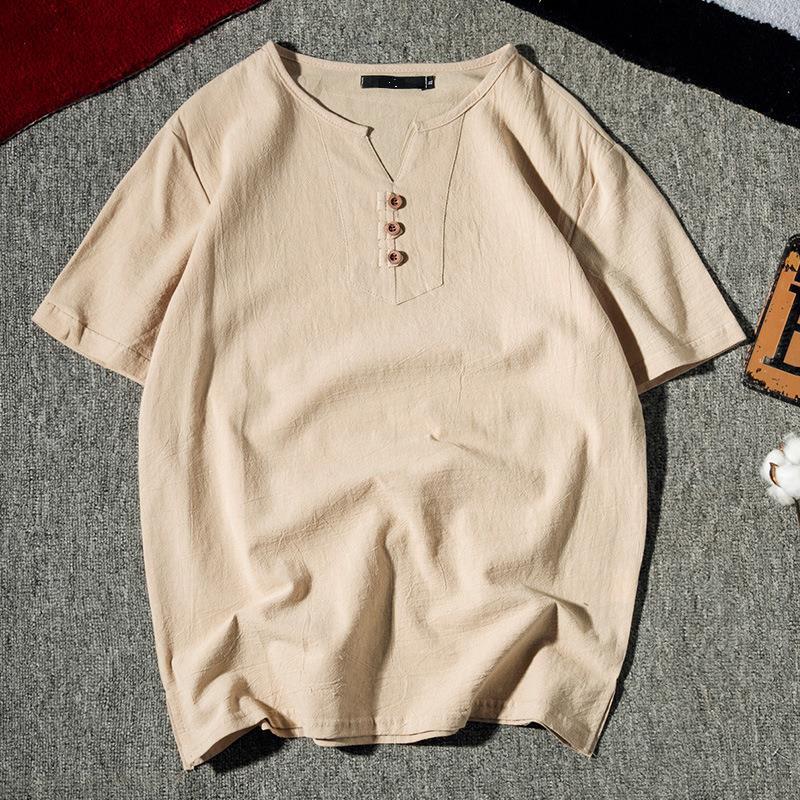 Men's Summer Breathable Beige Henley Neck Short Sleeve Shirt