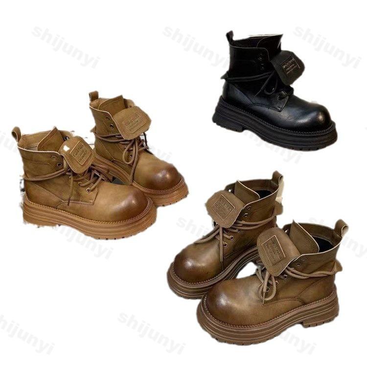 Neue 2024 Herbst Winter Damen Stiefeletten Wasserdicht Plateau Schnürung Dicker Absatz Kurze Stiefel Mode Punk Leder Motorradstiefel