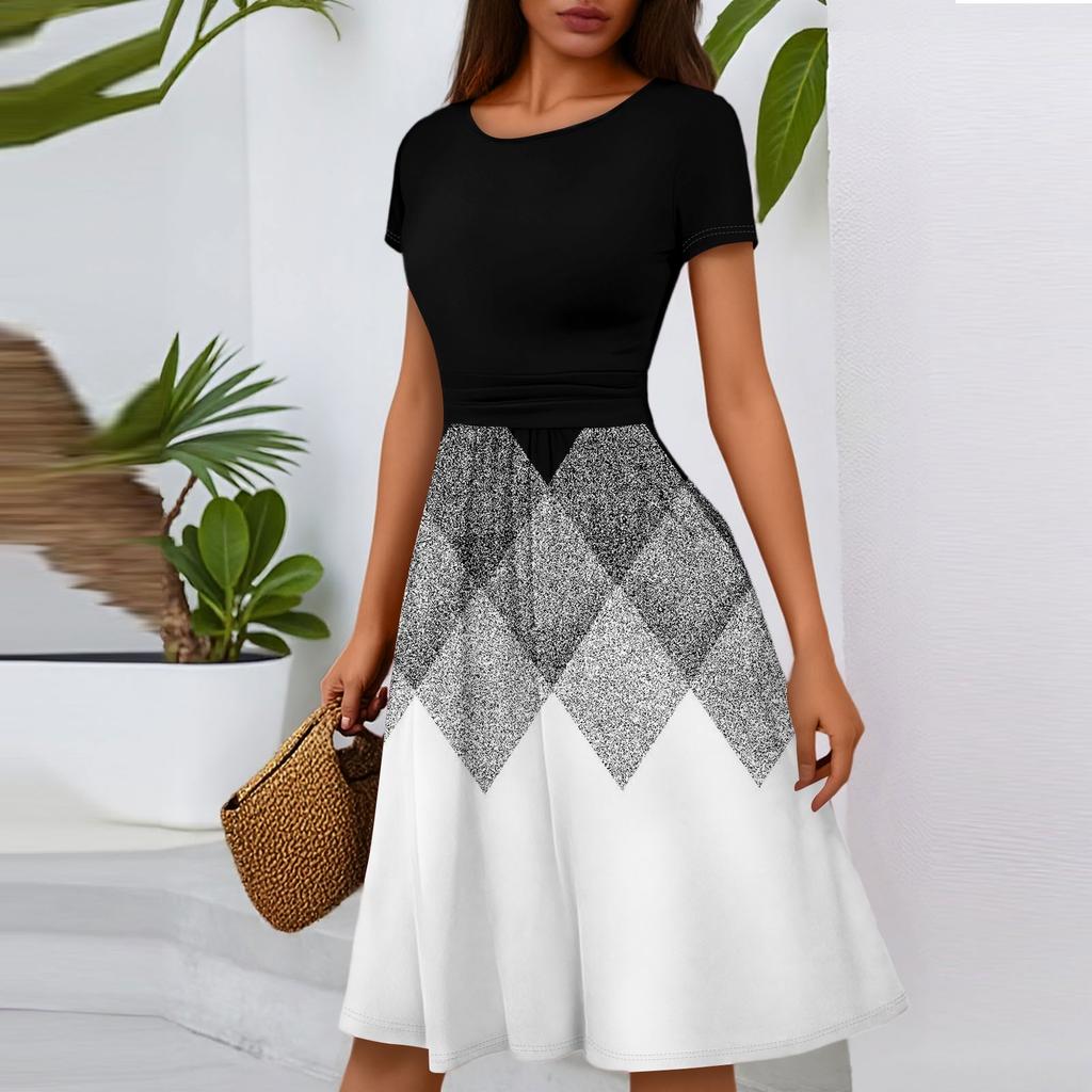 Women's Casual Fashion Round Neck Pleated Short Sleeve Floral Print A-Line Midi Dress