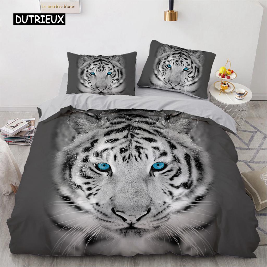 3D Bedding Set Black Duvet Quilt Cover Set Comforter Cover Pillowcase King Queen Size Animal Tiger Printed Polyester Quilt Cover