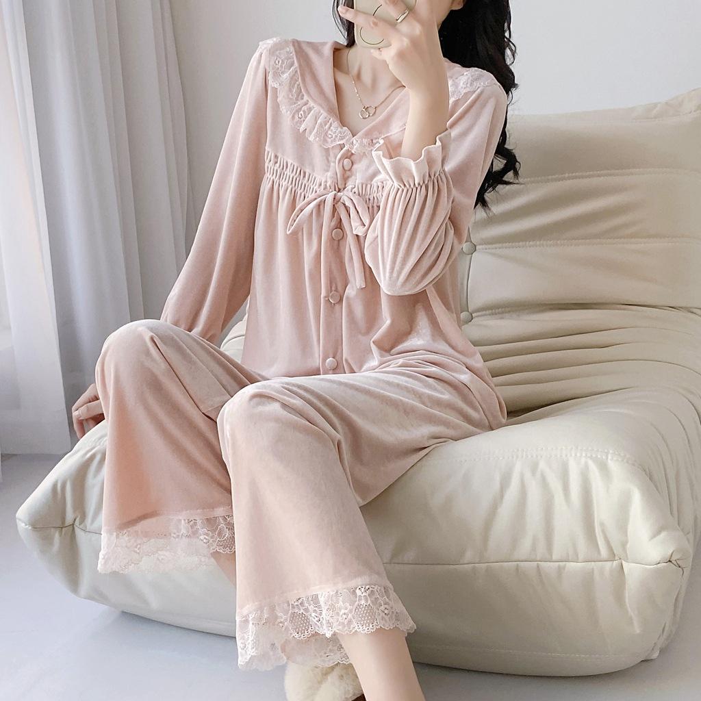 Golden velvet pajamas set new women's autumn and winter long-sleeved trousers lace lace air conditioner clothes cardigan loungewear