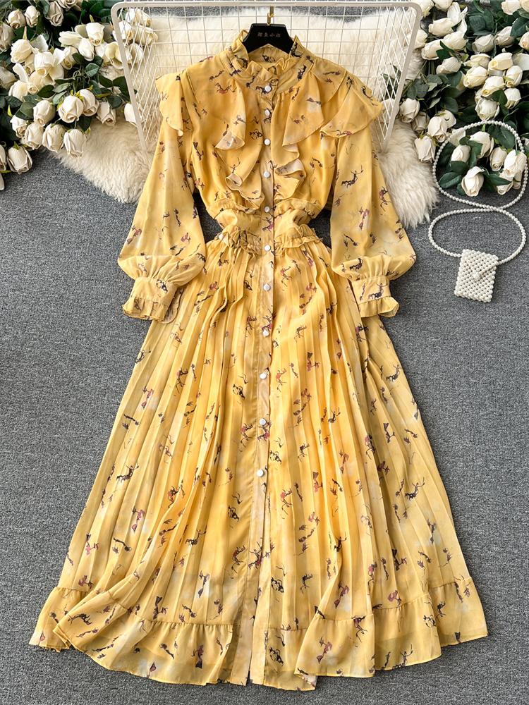 

Осеннее женское винтажное плиссированное длинное платье с принтом, женское красное/зеленое/синее/желтое однобортное макси-халат с драпировкой и рюшами, отпускные платья One Size жёлтый