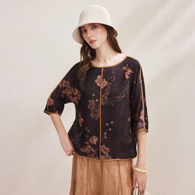 Zhaojun 2026 Mulberry Silk New Chinese Style Floral Piping Loose Seven-Sleeve Top
