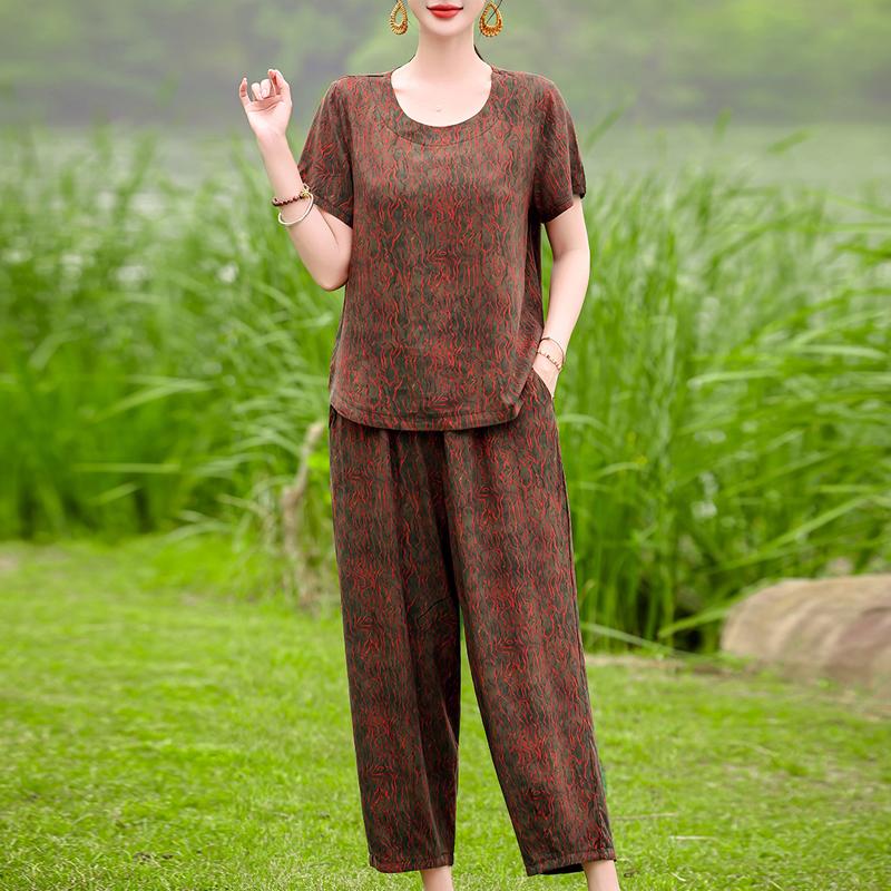 Women's Summer Printed 2-Piece Outfit, Plus Size Casual Short Sleeve Top & Pants Set (XL-5XL)