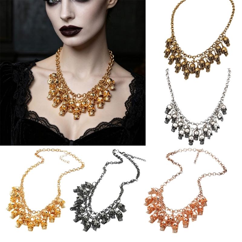 Punk Halloween Skull Necklace Statement Chain Jewelry with Front Drape and Alloy Finish for Concert and Party Outfits Daily