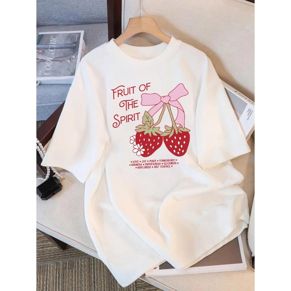 Fruit of The Spirit Strawberry Print Summer T-Shirts Women Tops O-Neck Soft Comfortable T Shirt Women Clothes S