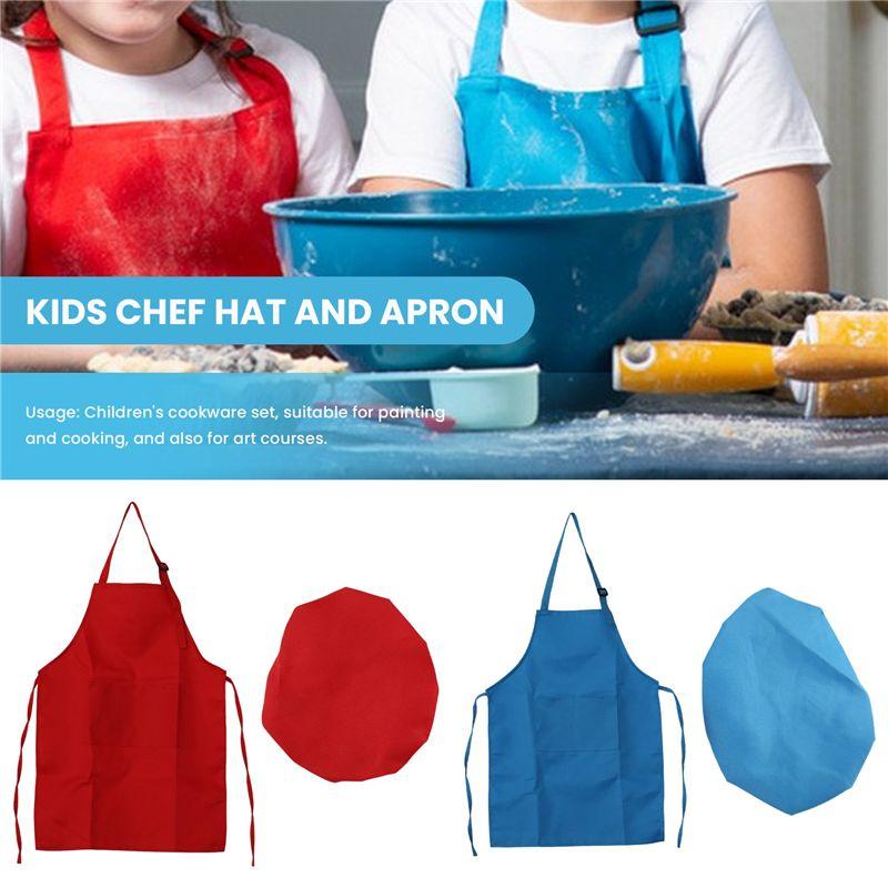 Good-8-Piece Children's Apron And Chef Hat Set, Adjustable, With 2-Pocket Kitchen Apron Apron