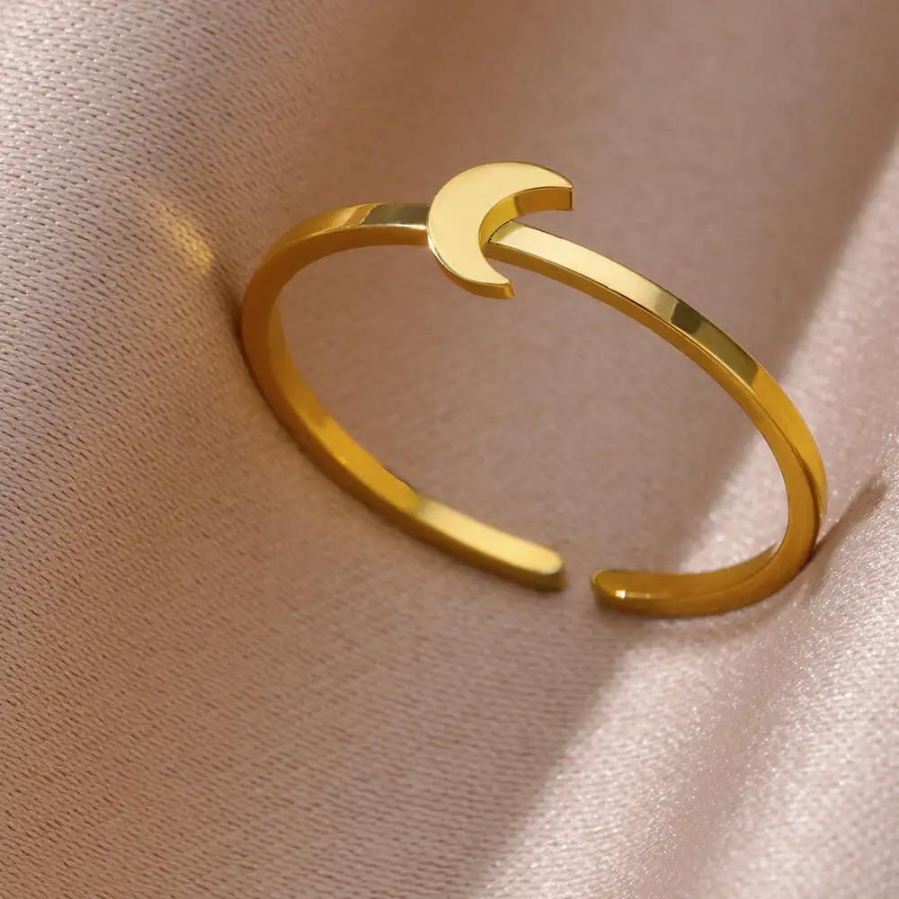 Gold Color Stainless Steel Shell Rings For Women Vintage Oval Blue Stone Adjustable Ring Fashion Party Jewelry Anniversary Gift