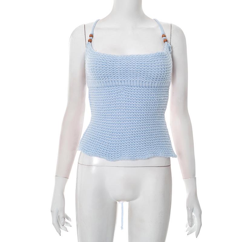 European Style Women s Summer Wool Knitted Patchwork Sleeveless Halter Top Small синий