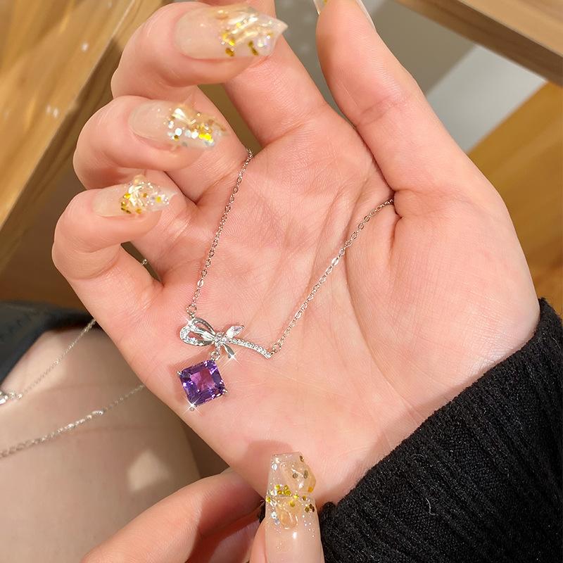 Bow Necklace 925 Silver Women Niche Design Light Luxury Natural Crystal Stone Sugar Cube Pendant Clavicle Chain Daily Jewelry Gift