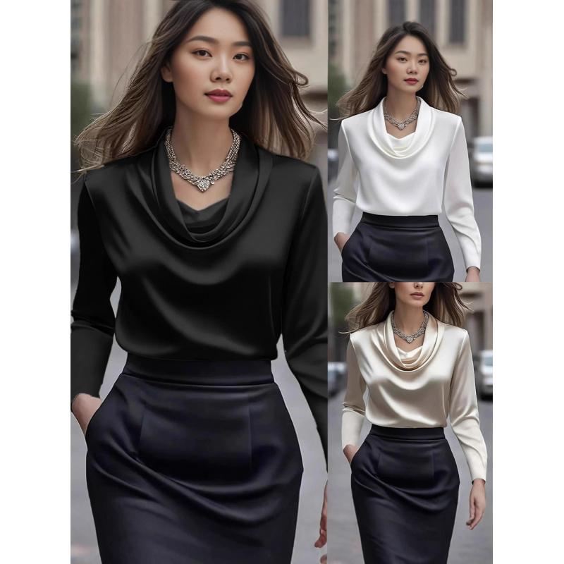 Women Solid Color Long Sleeve Simple Ruffled Collar Top Stain Elegant Shirt