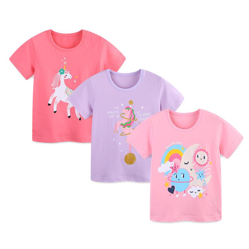 European & American Style Cartoon Print Girls' Cotton T-shirt - Short Sleeve, Summer Fashion for Toddlers