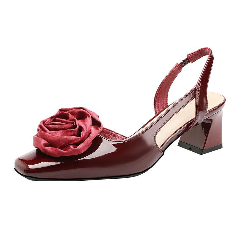 High-heeled bag head sandals women's summer 2025 new square head empty single shoes flower red high heels women's thick heel