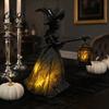 Gothic Halloween Decorations Witch Holding Lantern Light, with Spider Web Pattern Decor, Retro Party Supplies Style Resin Glowing Sculpture,