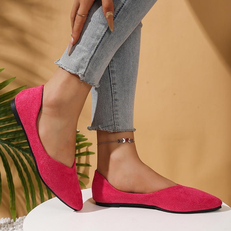 Large size pointed flat bottom shallow mouth single shoes women's new four-season suede flat heel work ladyshoes