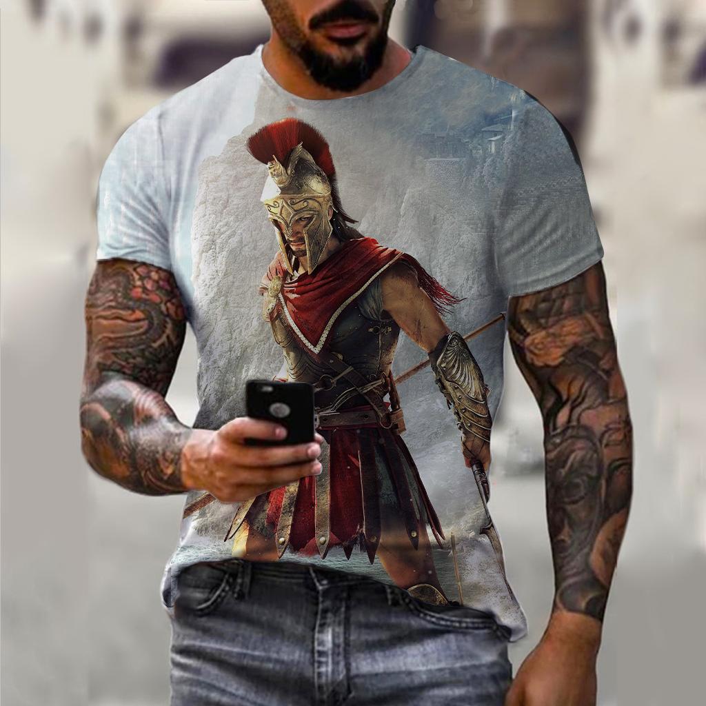 Sparta Neues Mode Heldenmuster T-Shirt Europäische und Amerikanische Sommer Mode Kurzarm Oberteile Lässig Personalisierte Aufdrucke Rundhals Streetwear