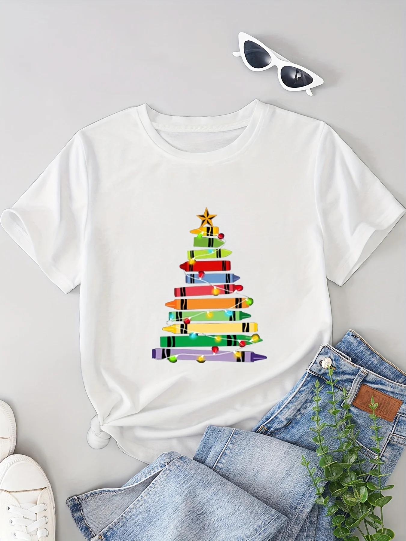 

2026 Summer Womens Casual Roundneck Christmas Crayon Tree Pattern Printed Shortsleeved Casual Tshirt S