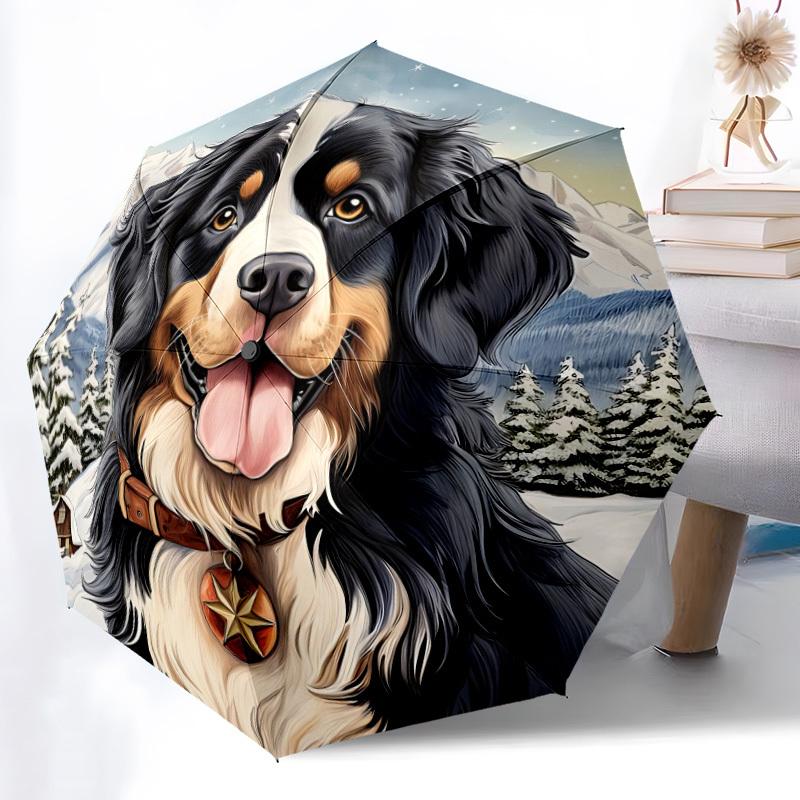 1pc Winter Mountains Dog Automatic Folding Umbrella, Sturdy And Durable Automatic Folding Umbrella with 8 Ribs, Convenient for Outdoor Use023
