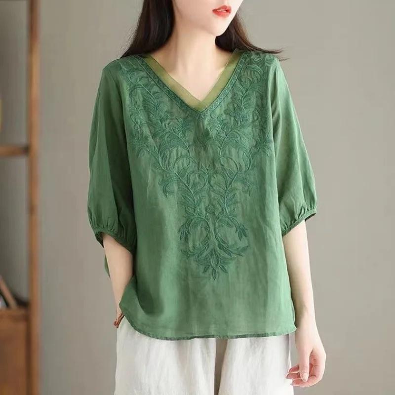 Casual Cotton Linen Blend Mid Sleeve Shirt Women's V Neck Embroidery Heavy Work Summer Style Thin Cotton Linen Shirt