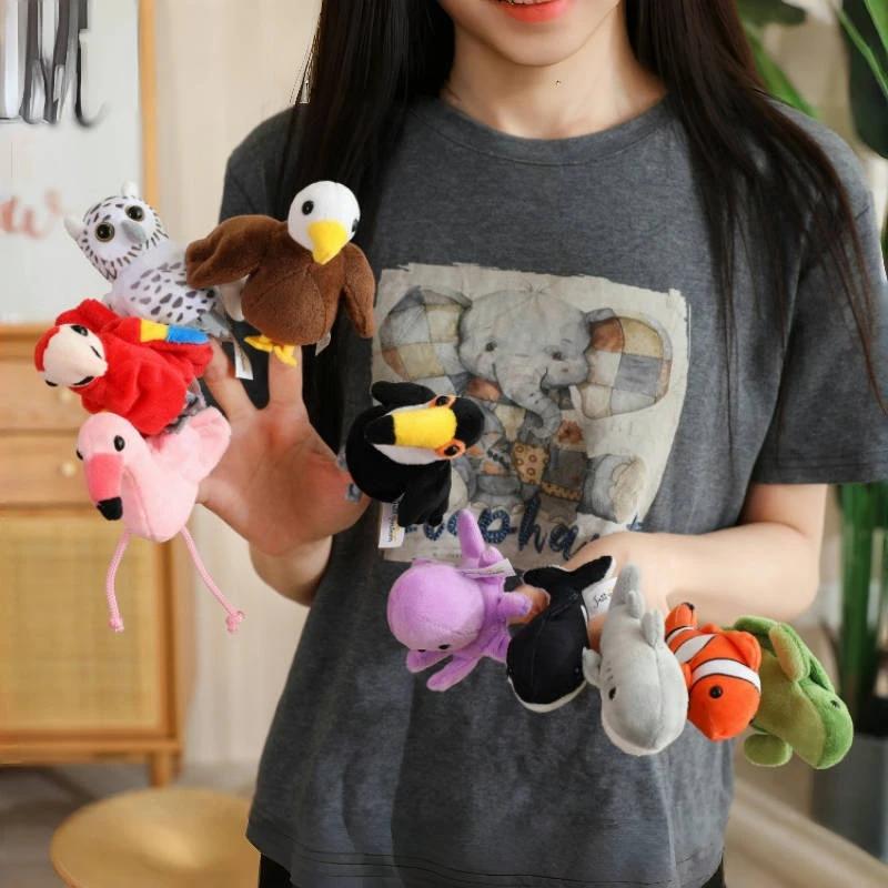 9CM Mini Finger Puppets Educational Toys For Children Hand Cartoon Birds Marine Animals Plush Doll Hand Puppets Tell Story Gifts