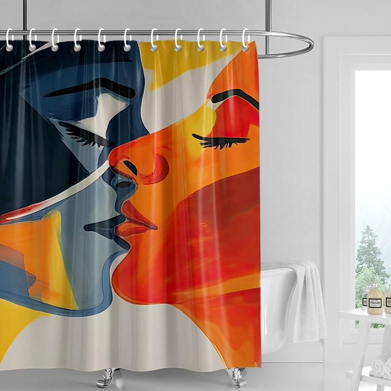 Vintage portrait shower curtain-black and white with orange decoration, distressed texture bathtub shower curtain