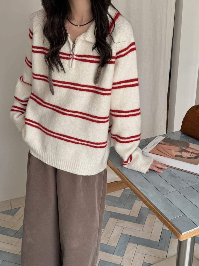 Lapel Color Matching Striped Pullover Sweater Women's Autumn and Winter New Loose and Versatile Knitted Sweater Top