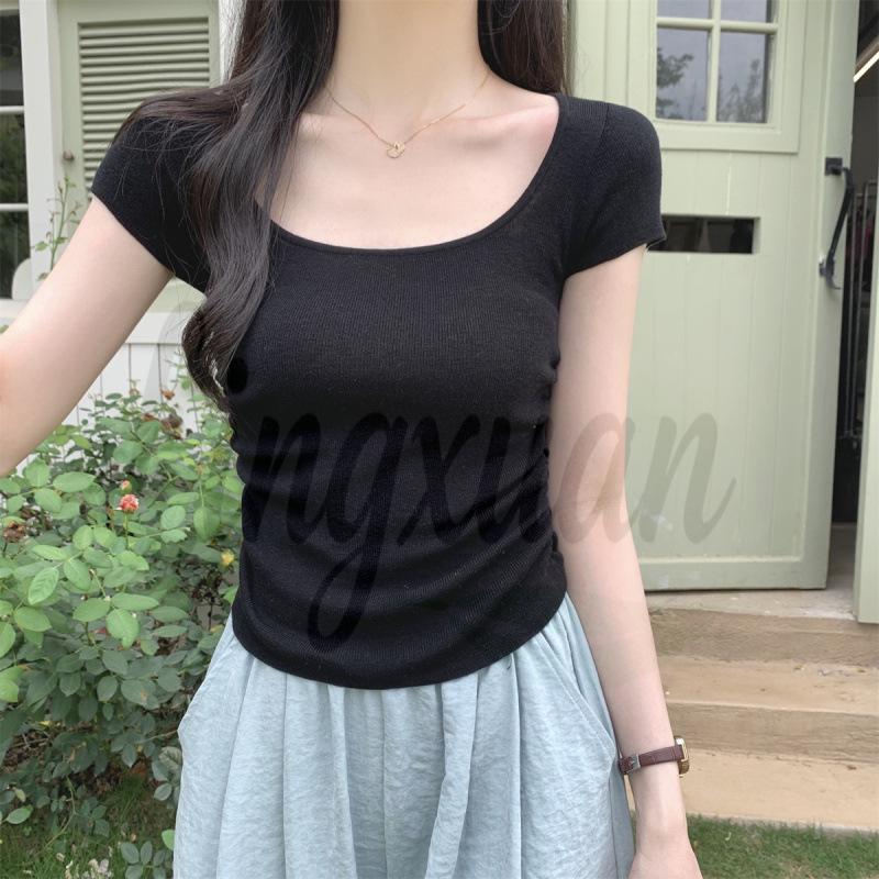 Spring/Summer Korean Style Square Neck Pleated Slim Fit Lightweight Wool Knit Top One Size