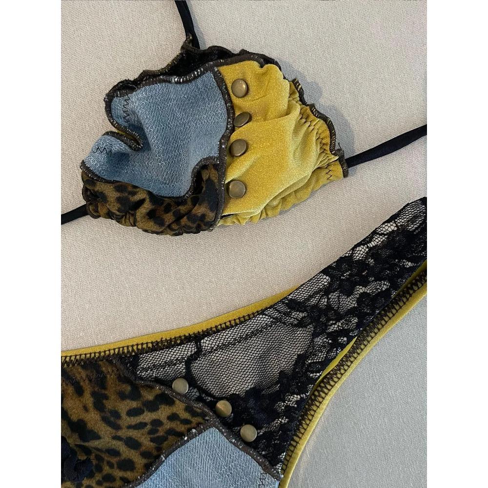 2025 Damen Badeanzug Kühner Leopardenprint und Gelbes Patchwork Bikini-Set Perfekt für Strandbekleidung und Poolpartys Sommerurlaube