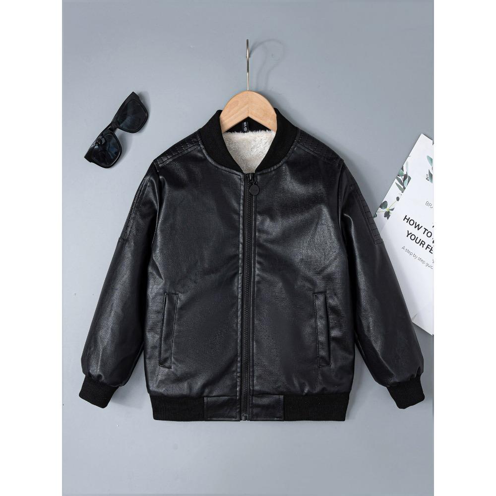 Kids Boys Autumn Winter PU Leather Fleece Lining Stand Collar Zipper Jacket