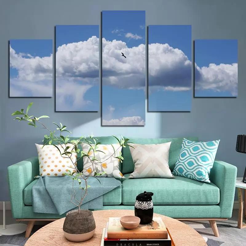 Five-Piece Canvas Painting Natural Scenery Hd Photography Blue Sky White Cloud Eagle Art Poster Home Decoration Mural Frameless