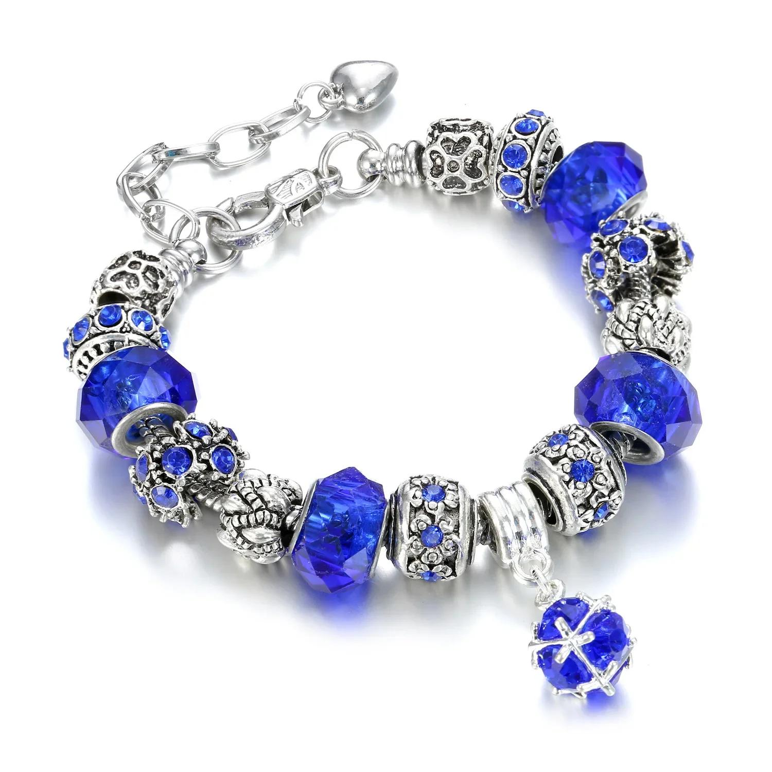

2024 New Fashion Big Hole Beaded Crystal Bracelets for Women Charm Heart Stainless Steel Pendant Korean Jewelry Luxury Gifts 18cm