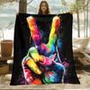 1 Colorful Peace Sign Handprint Flannel Blanket - Bed, Sofa, Office, Travel, Gift, Decoration, Chair, Comfortable Warmth