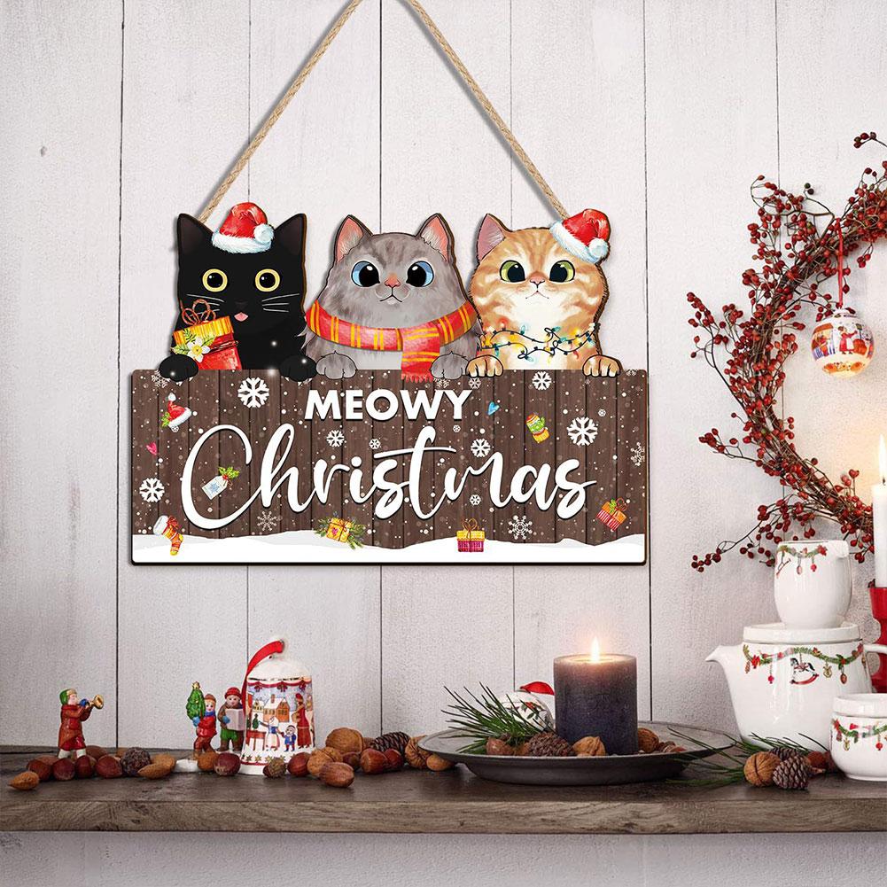 1Pc Christmas Wooden Hanging Ornament,Cute Cat Christmas Pendant Festive Xmas Tree Hanging Decoration for Holiday Home Door Wall