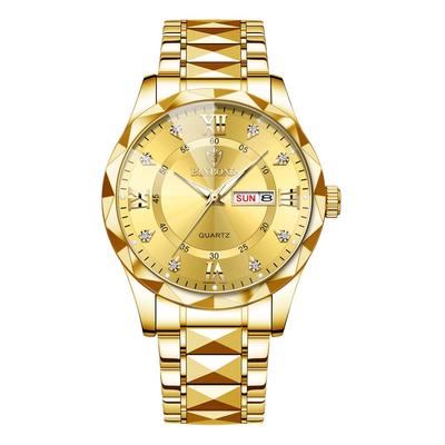 Men's Waterproof Rainproof Luminous Round Dial Stainless Steel Calendar Watch Gold Dial Gold Case Large Dial Business Formal Rhinestones Gift