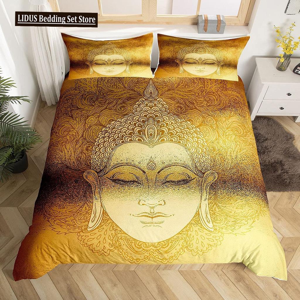 Mandala Buddha Duvet Cover Set King Size Exotic Ethnic Bohemian Bedding Set Golden Black Lotus Flowers Gorgeous Comforter Cover