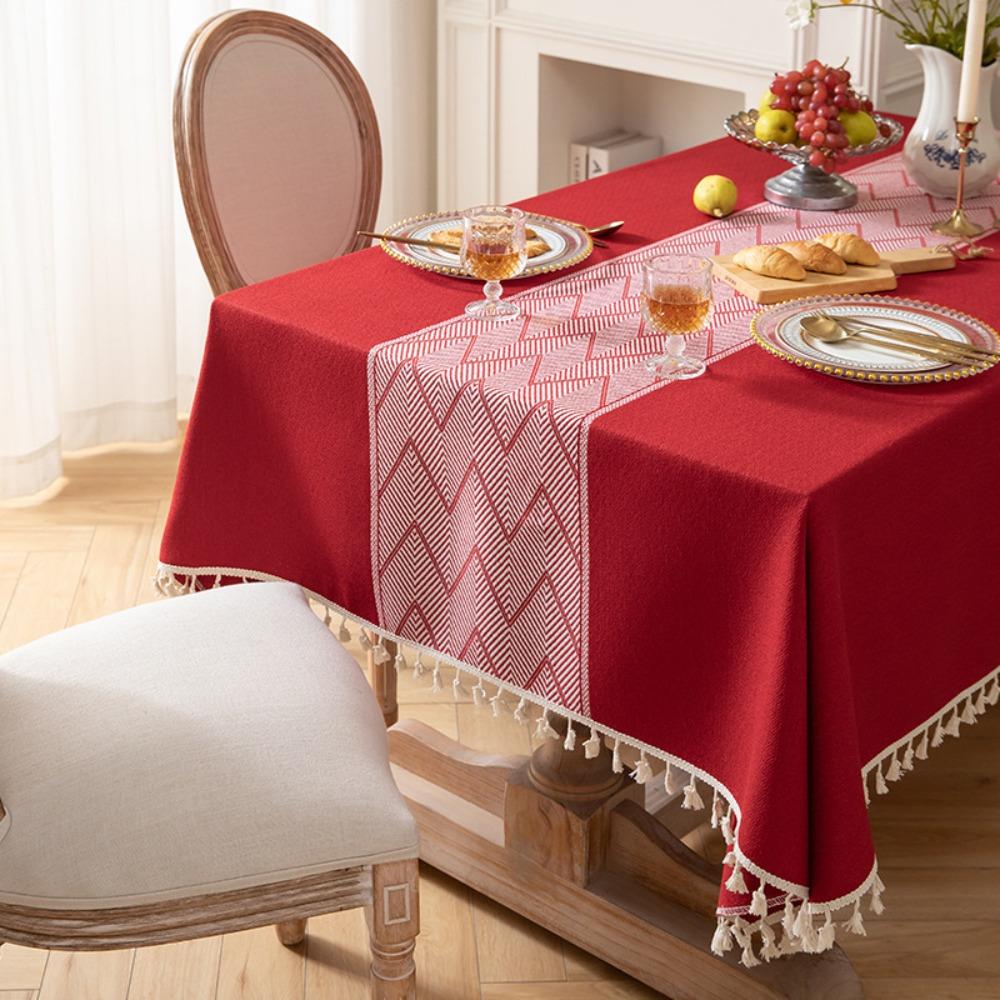 Retro Red Jacquard Tablecloth with Fringe Ideal for Wedding Christmas New Year Festive Dining Table Cover