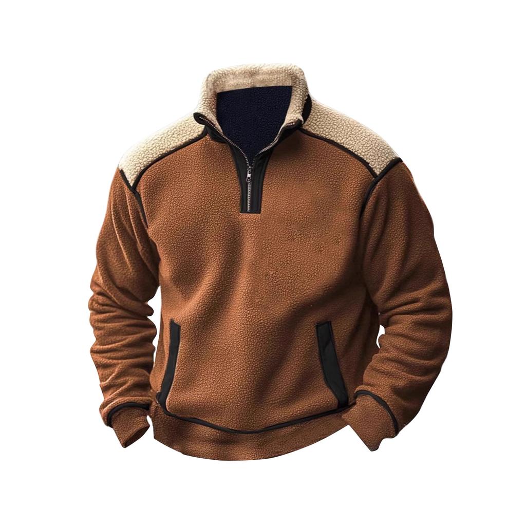 Men's Colorblock Lambskin Half Zip Stand Collar Sweatshirt Men's Sports Large Size Casual Stand Collar Sweatshirt