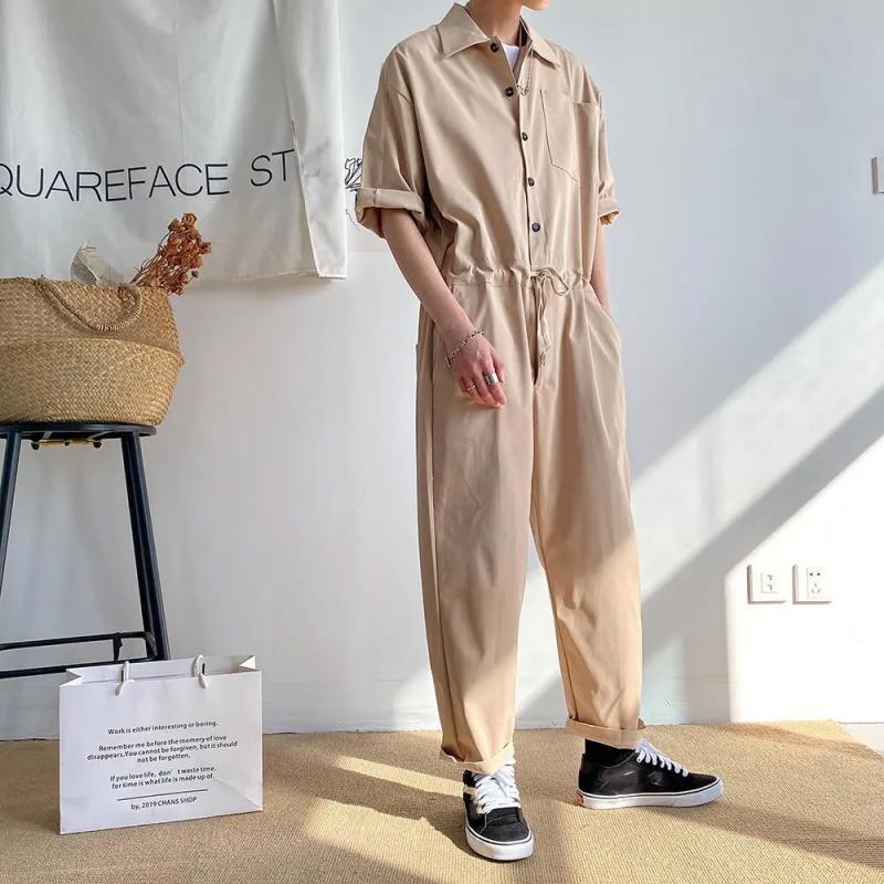 Men's Spring and Autumn Models Solid Colour Workwear Jumpsuit Nine Trousers Loose Half-sleeve Button Jumpsuit Trousers