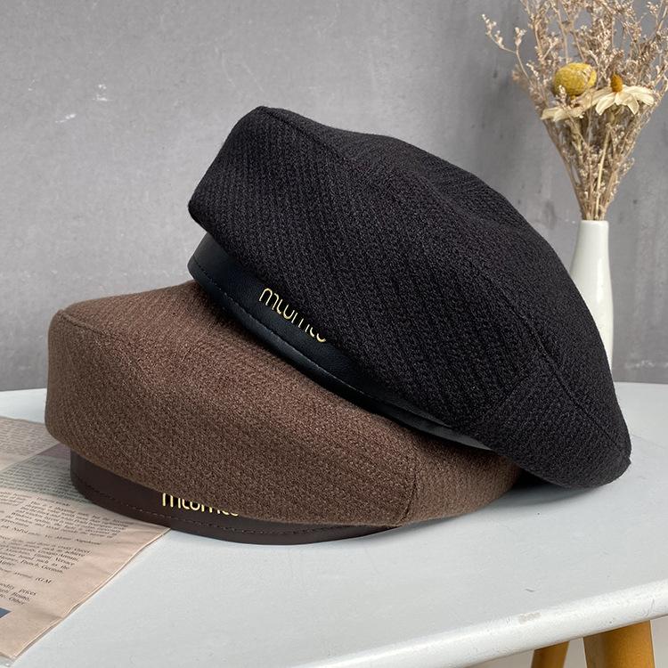 Black Beret Female Corduroy Leather Brim Foreign Artistic Artist Hat Pumpkin Hat Shows Small Trend