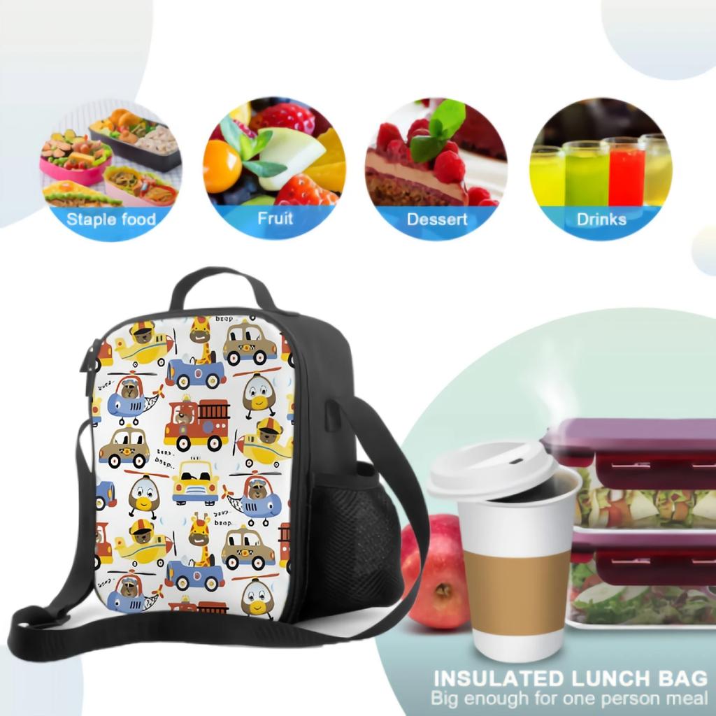 Cute Animals On Vehicles Insulated Thermal Lunch Bags for Boys Girls Washable Lunch Container Food Carrier for School Travel
