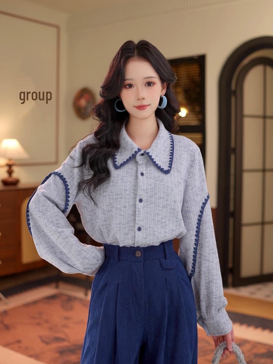 Women s Chic Jacquard Embroidered Long Sleeve Shirt for Autumn/Winter L синий