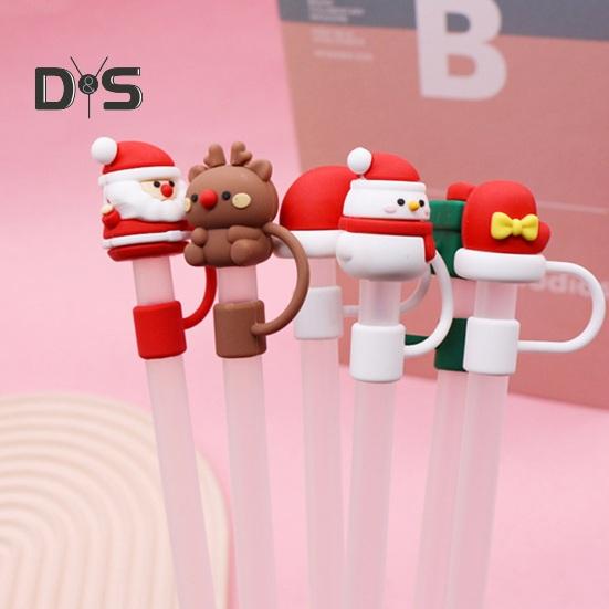 2Pcs Christmas Silicone Straw Cap 10mm Reusable Dust-Proof Straw Topper for Cup Party Decor Santa Claus Snowman Elk Christmas Tree Bells Straw Tips