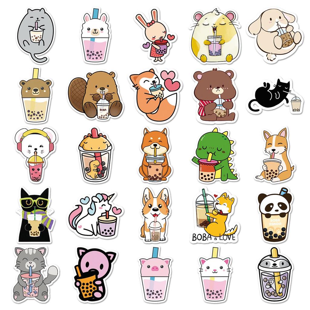 50 Cartoon Animal Milk Tea Stickers for Journals, Scooters, Cars, Suitcases, and Refrigerators