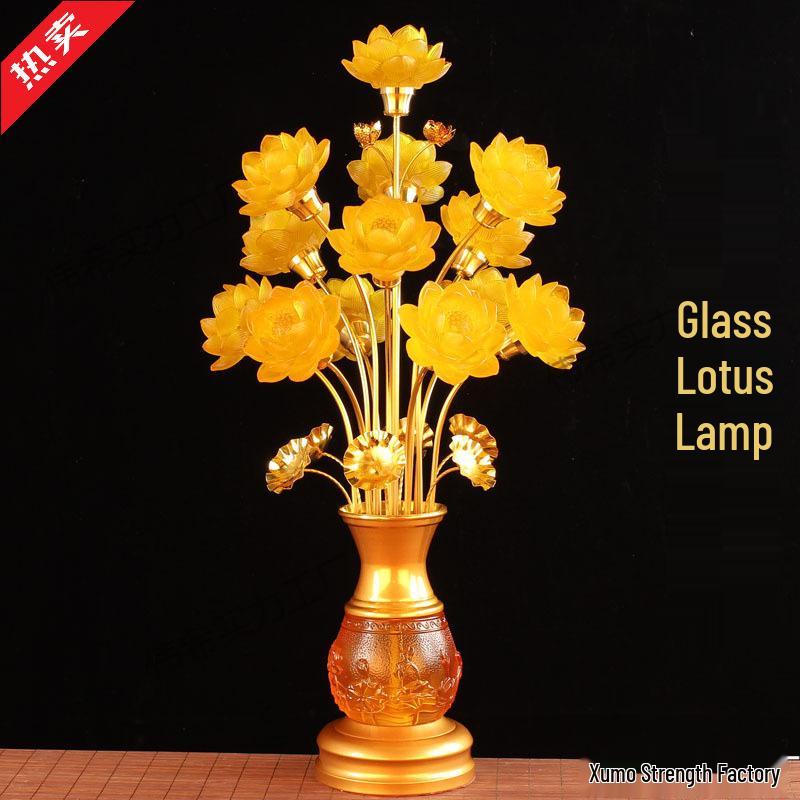 Seven-Color Lotus Lamp for Buddha Offering: Ever-Burning Guanyin Home Decor – Nine Horse Year Edition