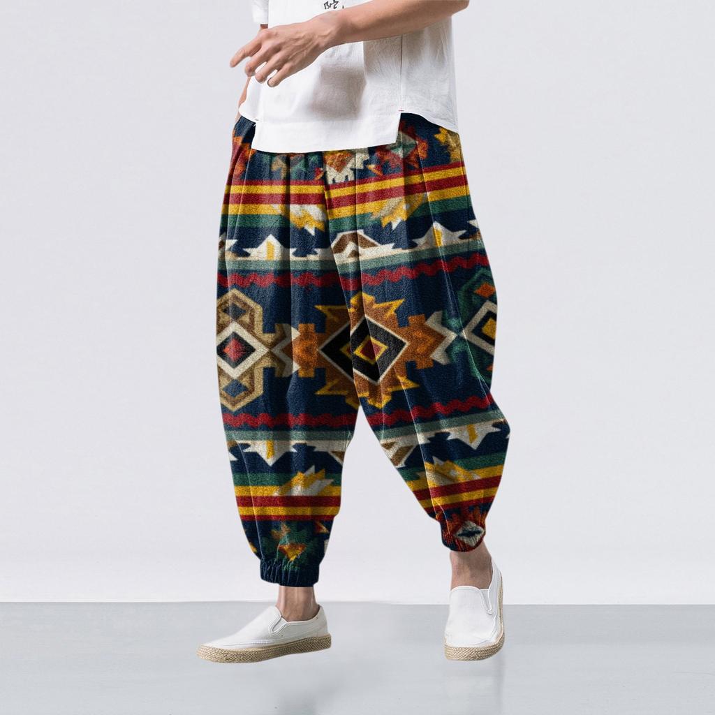 Ethnic Style Print - Casual Wide-leg Pants, Men's Loose Casual Pants